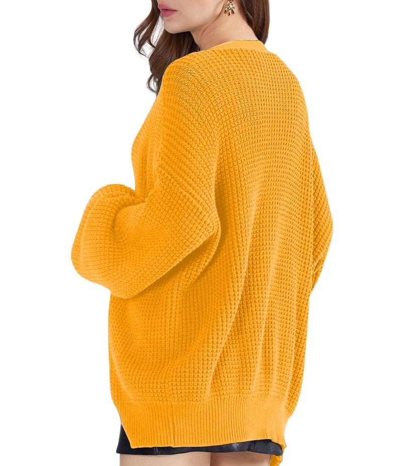 QUALFORT Women's Mustard Cardigan Sweaters for Women 100% Cotton Button-Down Long Sleeve Oversized Knit Outerwear Mustard Large - Image 2